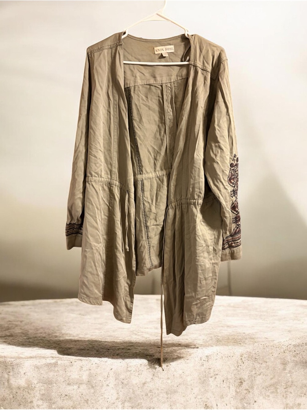 Knox Rose Taupe Lightweight Embroidered Drawstring Utility Jacket